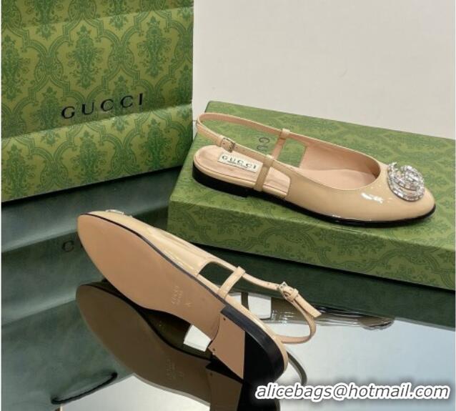 Popular Style Gucci Slingback Ballet Flat with Crystals Double G in Patent Leather Apricot 204099