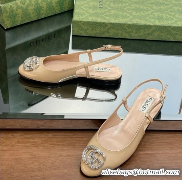 Popular Style Gucci Slingback Ballet Flat with Crystals Double G in Patent Leather Apricot 204099