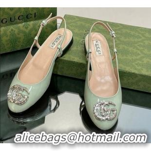 Good Product Gucci Slingback Ballet Flat with Crystals Double G in Patent Leather Light Green 204100