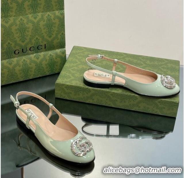 Good Product Gucci Slingback Ballet Flat with Crystals Double G in Patent Leather Light Green 204100