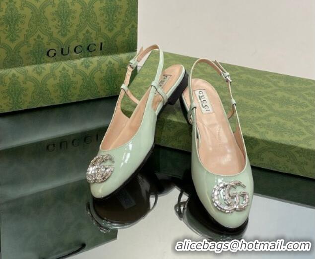 Good Product Gucci Slingback Ballet Flat with Crystals Double G in Patent Leather Light Green 204100