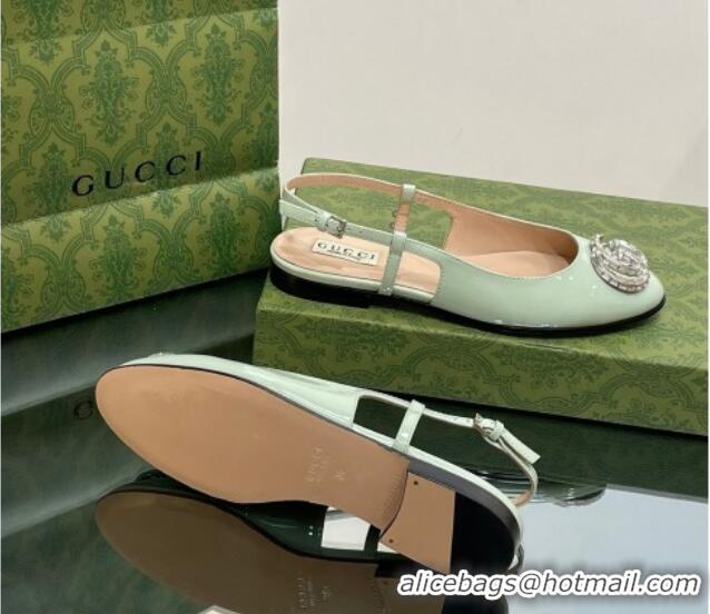 Good Product Gucci Slingback Ballet Flat with Crystals Double G in Patent Leather Light Green 204100