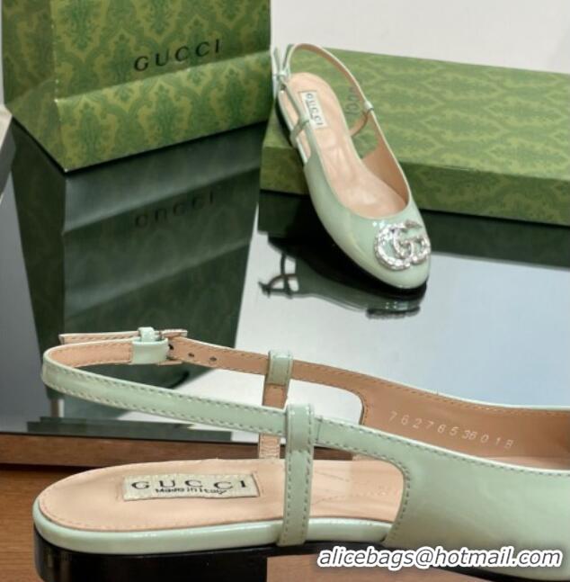 Good Product Gucci Slingback Ballet Flat with Crystals Double G in Patent Leather Light Green 204100