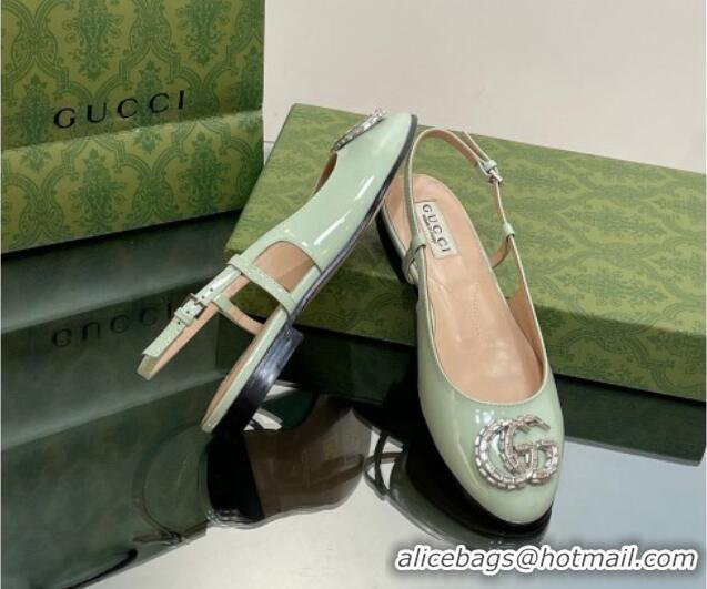 Good Product Gucci Slingback Ballet Flat with Crystals Double G in Patent Leather Light Green 204100