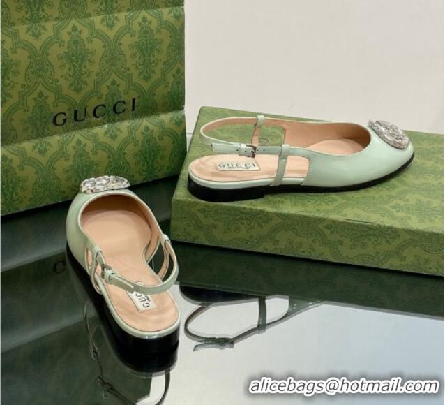 Good Product Gucci Slingback Ballet Flat with Crystals Double G in Patent Leather Light Green 204100