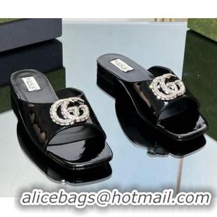 Lowest Price Gucci Flat Slide Sandals with Crystals Double G in Patent Leather Black 204101