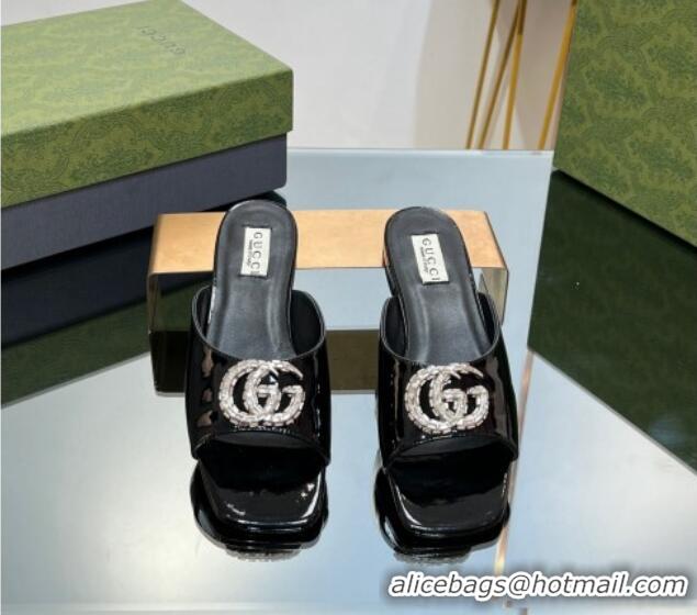 Lowest Price Gucci Flat Slide Sandals with Crystals Double G in Patent Leather Black 204101