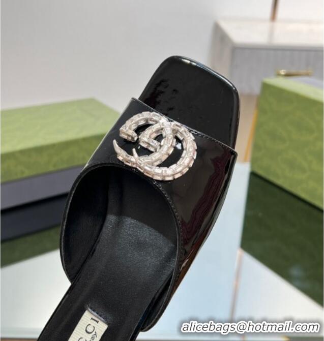 Lowest Price Gucci Flat Slide Sandals with Crystals Double G in Patent Leather Black 204101