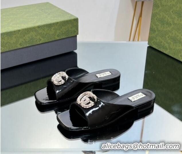 Lowest Price Gucci Flat Slide Sandals with Crystals Double G in Patent Leather Black 204101