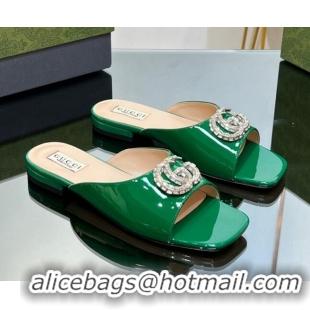 Big Discount Gucci Flat Slide Sandals with Crystals Double G in Patent Leather Green 204103