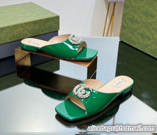 Big Discount Gucci Flat Slide Sandals with Crystals Double G in Patent Leather Green 204103