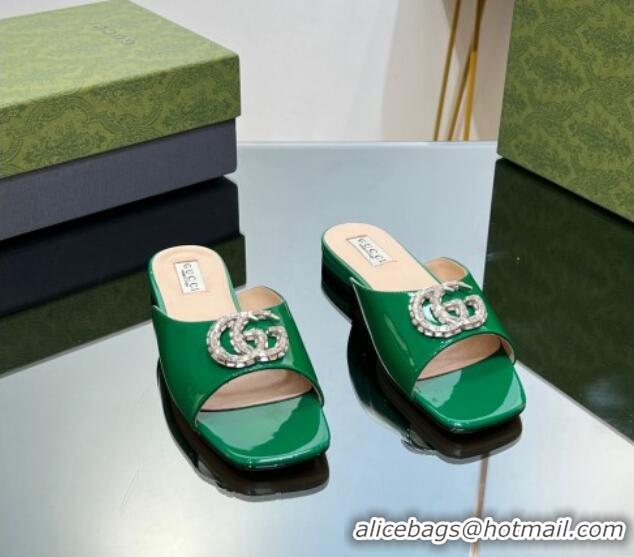 Big Discount Gucci Flat Slide Sandals with Crystals Double G in Patent Leather Green 204103