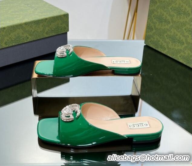 Big Discount Gucci Flat Slide Sandals with Crystals Double G in Patent Leather Green 204103