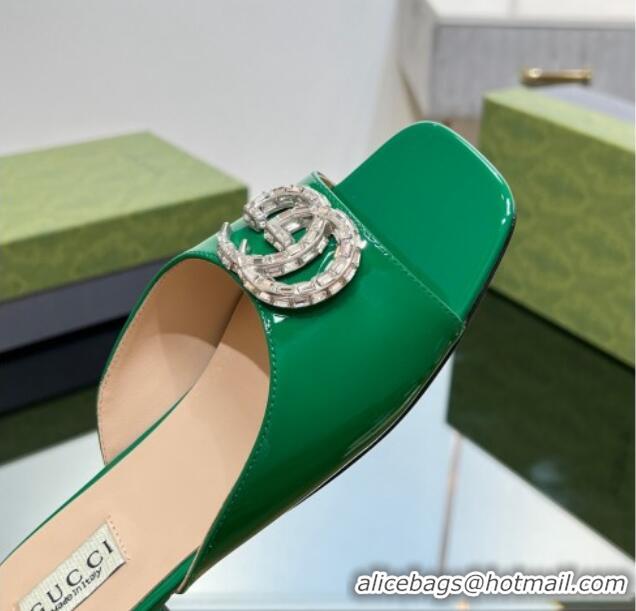 Big Discount Gucci Flat Slide Sandals with Crystals Double G in Patent Leather Green 204103