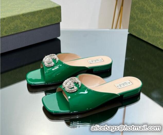 Big Discount Gucci Flat Slide Sandals with Crystals Double G in Patent Leather Green 204103