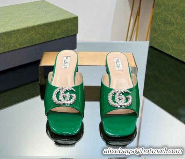 Big Discount Gucci Flat Slide Sandals with Crystals Double G in Patent Leather Green 204103