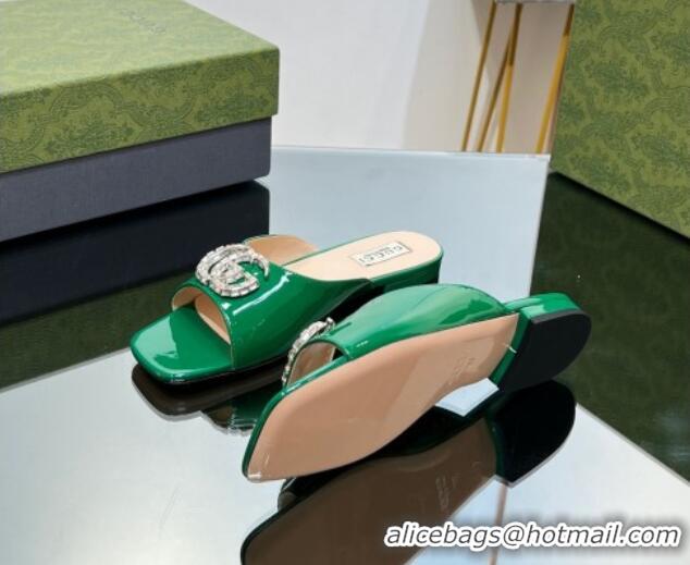 Big Discount Gucci Flat Slide Sandals with Crystals Double G in Patent Leather Green 204103