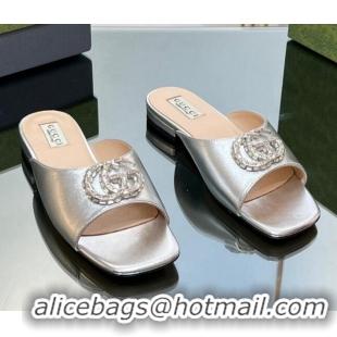 Cheapest Gucci Flat Slide Sandals with Crystals Double G in Patent Leather Silver 204104