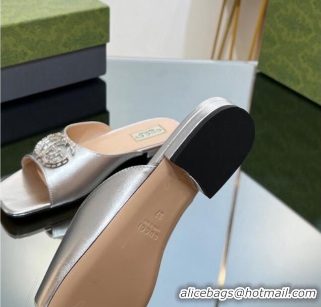 Cheapest Gucci Flat Slide Sandals with Crystals Double G in Patent Leather Silver 204104