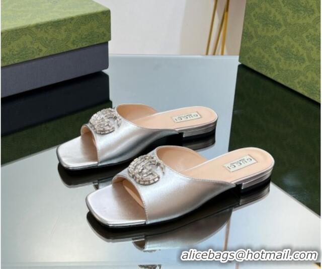 Cheapest Gucci Flat Slide Sandals with Crystals Double G in Patent Leather Silver 204104