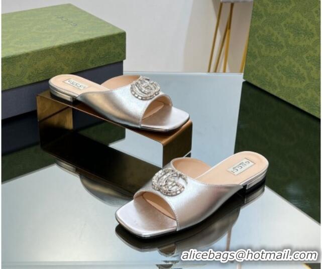 Cheapest Gucci Flat Slide Sandals with Crystals Double G in Patent Leather Silver 204104