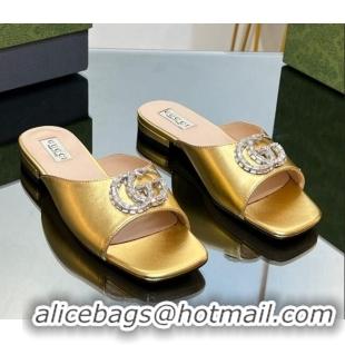 Durable Gucci Flat Slide Sandals with Crystals Double G in Patent Leather Gold 204105