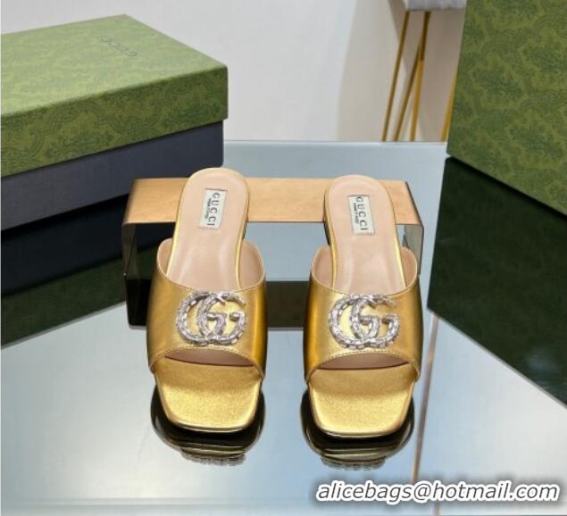 Durable Gucci Flat Slide Sandals with Crystals Double G in Patent Leather Gold 204105