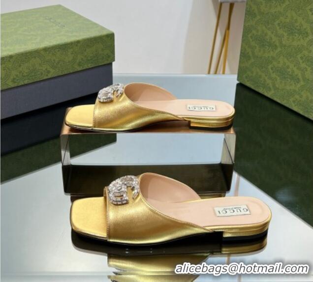 Durable Gucci Flat Slide Sandals with Crystals Double G in Patent Leather Gold 204105