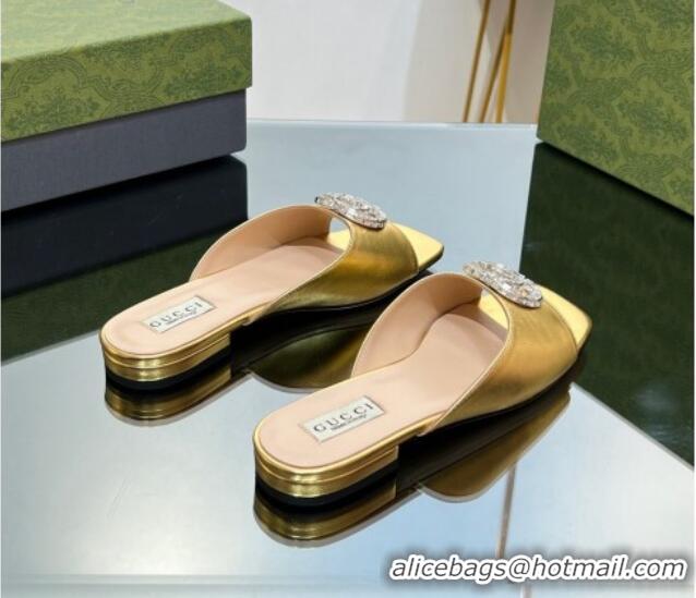 Durable Gucci Flat Slide Sandals with Crystals Double G in Patent Leather Gold 204105