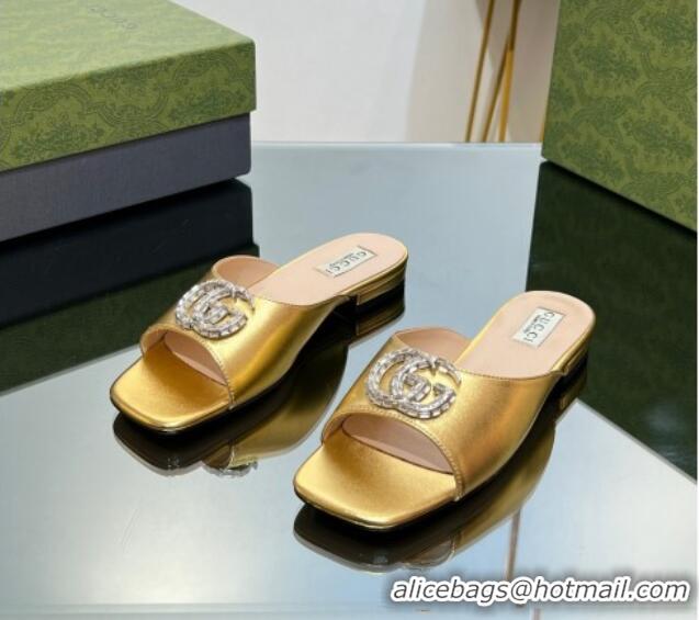 Durable Gucci Flat Slide Sandals with Crystals Double G in Patent Leather Gold 204105