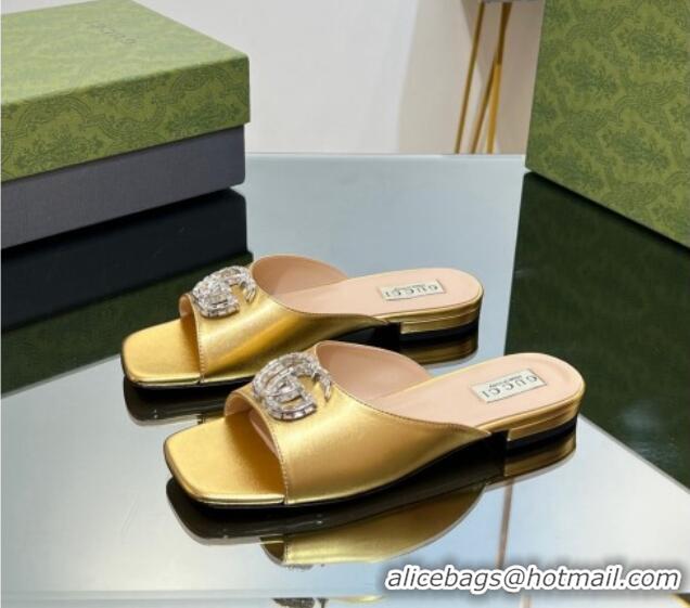 Durable Gucci Flat Slide Sandals with Crystals Double G in Patent Leather Gold 204105