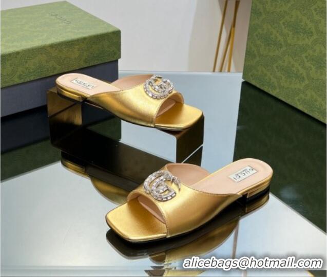 Durable Gucci Flat Slide Sandals with Crystals Double G in Patent Leather Gold 204105