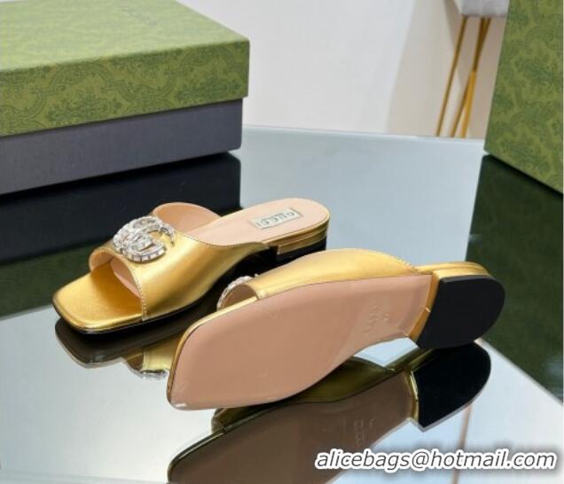 Durable Gucci Flat Slide Sandals with Crystals Double G in Patent Leather Gold 204105