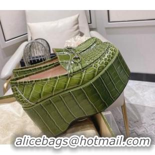 Charming Gucci Ancra Platform Wedge Loafers in Crocodile Leather with Horsebit Green 204106