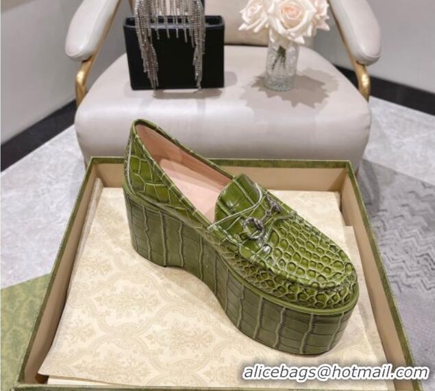 Charming Gucci Ancra Platform Wedge Loafers in Crocodile Leather with Horsebit Green 204106