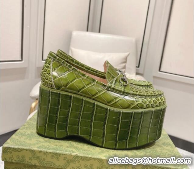 Charming Gucci Ancra Platform Wedge Loafers in Crocodile Leather with Horsebit Green 204106