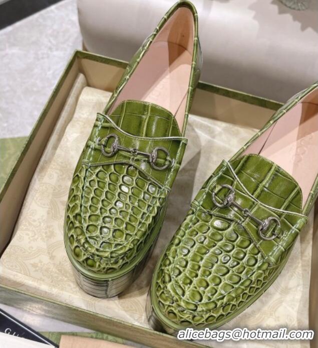 Charming Gucci Ancra Platform Wedge Loafers in Crocodile Leather with Horsebit Green 204106