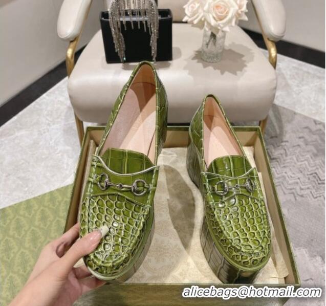 Charming Gucci Ancra Platform Wedge Loafers in Crocodile Leather with Horsebit Green 204106