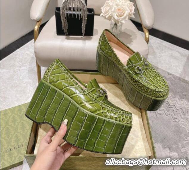 Charming Gucci Ancra Platform Wedge Loafers in Crocodile Leather with Horsebit Green 204106