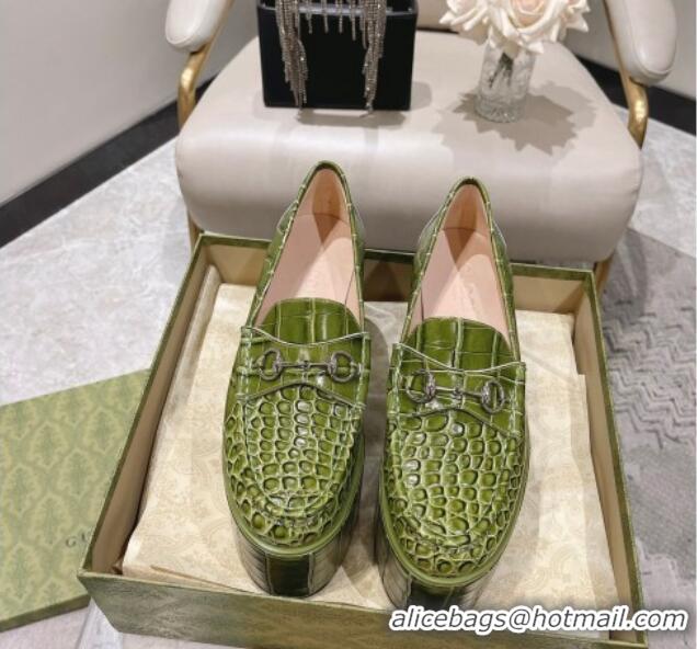 Charming Gucci Ancra Platform Wedge Loafers in Crocodile Leather with Horsebit Green 204106