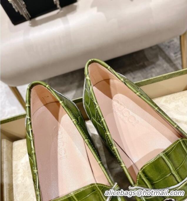 Charming Gucci Ancra Platform Wedge Loafers in Crocodile Leather with Horsebit Green 204106