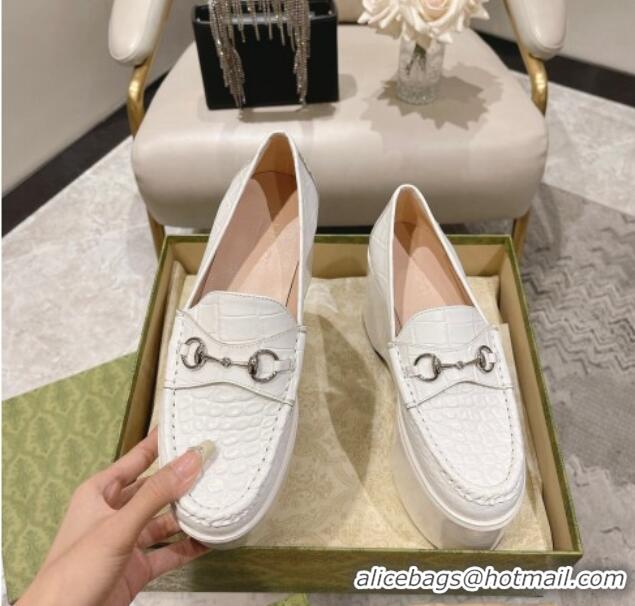 Shop Duplicate Gucci Ancra Platform Wedge Loafers in Crocodile Leather with Horsebit White 204107