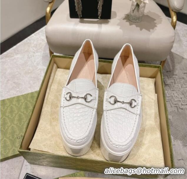 Shop Duplicate Gucci Ancra Platform Wedge Loafers in Crocodile Leather with Horsebit White 204107