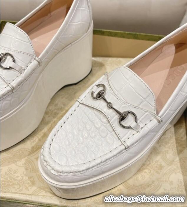 Shop Duplicate Gucci Ancra Platform Wedge Loafers in Crocodile Leather with Horsebit White 204107