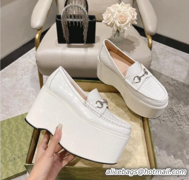 Shop Duplicate Gucci Ancra Platform Wedge Loafers in Crocodile Leather with Horsebit White 204107