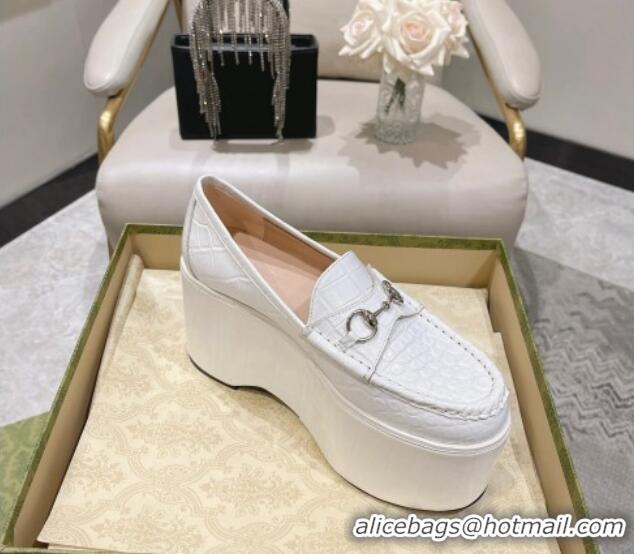 Shop Duplicate Gucci Ancra Platform Wedge Loafers in Crocodile Leather with Horsebit White 204107