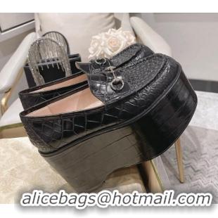 Trendy Design Gucci Ancra Platform Wedge Loafers in Crocodile Leather with Horsebit Black 204108