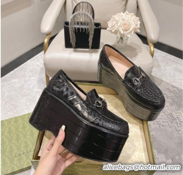 Trendy Design Gucci Ancra Platform Wedge Loafers in Crocodile Leather with Horsebit Black 204108