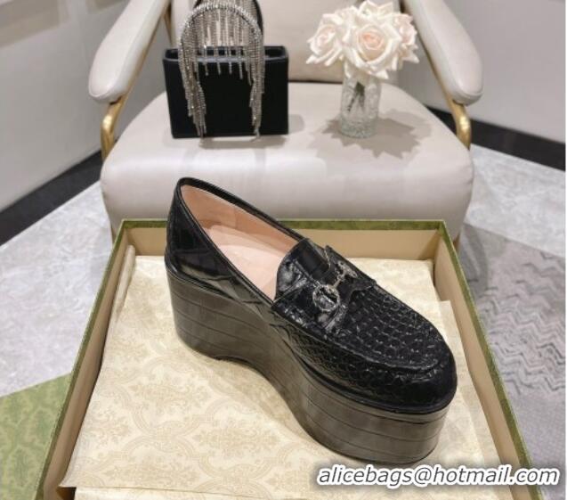 Trendy Design Gucci Ancra Platform Wedge Loafers in Crocodile Leather with Horsebit Black 204108