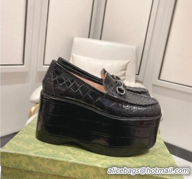 Trendy Design Gucci Ancra Platform Wedge Loafers in Crocodile Leather with Horsebit Black 204108